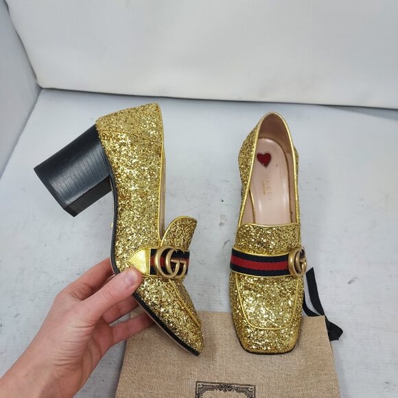 Gucci Shoes - GUCCI GOLD SEQUIN GG PEYTON WEB HEEL SHOE